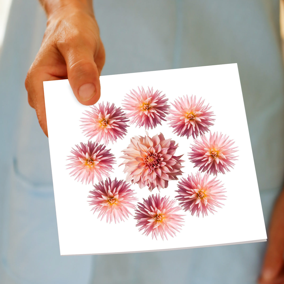 A hand held pink dahlia circle greeting card from Golly Gosh Creations. This generous square card has a circle of breathtaking soft pink dahlias.