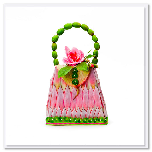 A pink king protea greeting card from Golly Gosh Creations. This generous square card crafted from elongated soft pink king protea petals.
