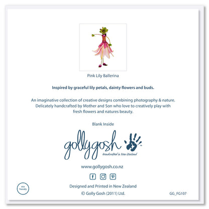 Back cover of a pink lily ballerina greeting card from Golly Gosh Creations. Size 142 x 142 mm. Crafted from delicate lily petals, blooms and buds.