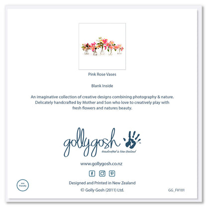 Back cover of a pink rose vases greeting card found at Golly Gosh Creations. A generous square card with pretty arrangement of dainty pink roses in vases.