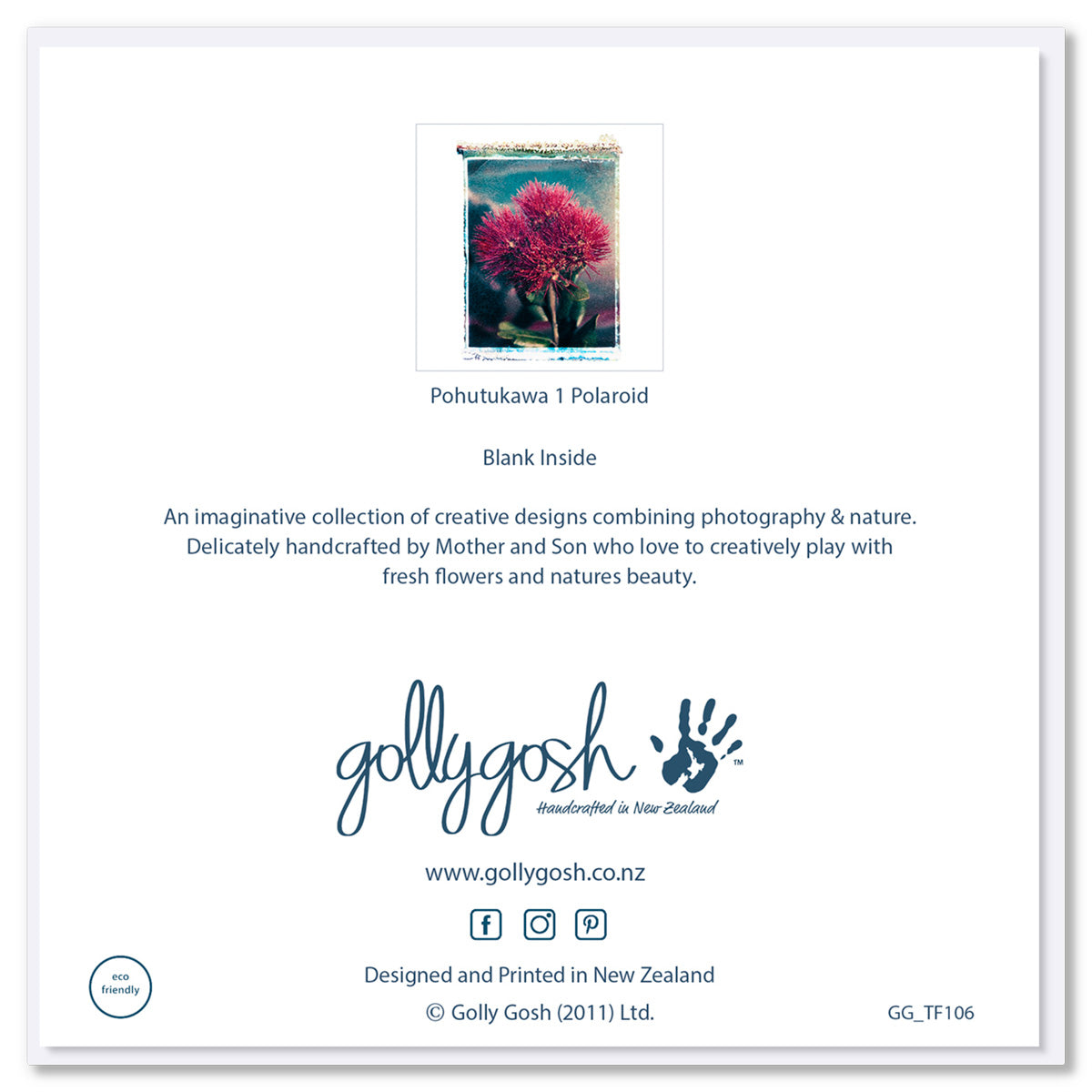 Back of Golly Gosh Pohutukawa 1 Polaroid greeting card displaying pohutukawa flower with artistic transfer borders, blank inside note, description of handcrafted Mother and Son collection, branding, website and social details, and eco-friendly certification