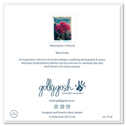 Back of Golly Gosh Pohutukawa 1 Polaroid greeting card displaying pohutukawa flower with artistic transfer borders, blank inside note, description of handcrafted Mother and Son collection, branding, website and social details, and eco-friendly certification