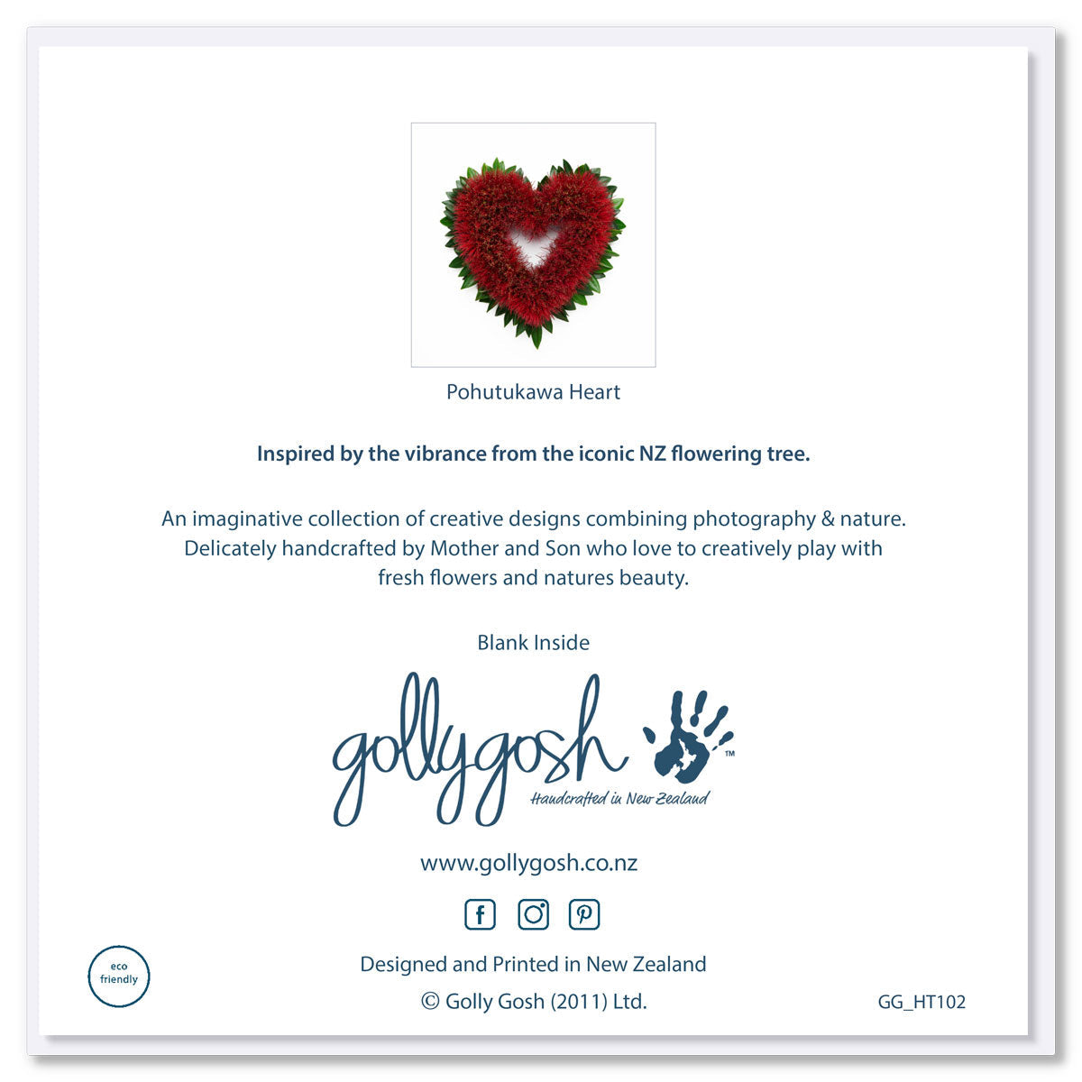 Back of a pohutukawa heart greeting card from Golly Gosh Creations. Size 142 x 142 mm. Crafted from the vibrant iconic New Zealand flowering tree.