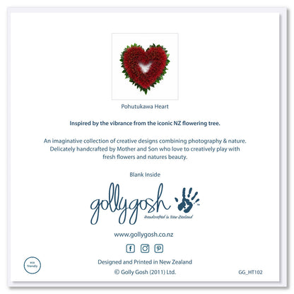 Back of a pohutukawa heart greeting card from Golly Gosh Creations. Size 142 x 142 mm. Crafted from the vibrant iconic New Zealand flowering tree.
