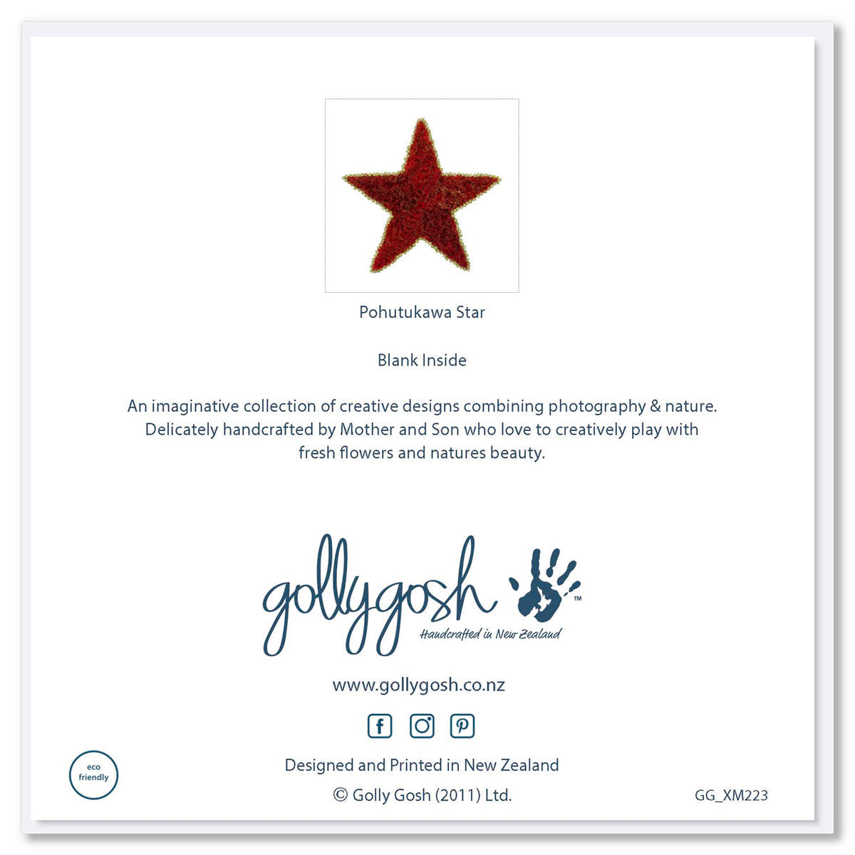 Back of a pohutukawa star greeting card found at Golly Gosh Creations. Size 142 x 142 mm. Crafted from vibrant flowers of the iconic New Zealand tree.