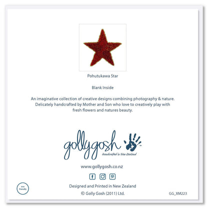 Back of a pohutukawa star greeting card found at Golly Gosh Creations. Size 142 x 142 mm. Crafted from vibrant flowers of the iconic New Zealand tree.