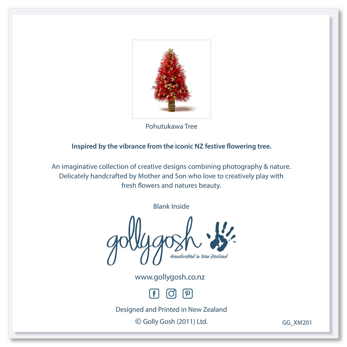 The back cover of an iconic pohutukawa Christmas tree greeting card. Delicately handcrafted from fresh blooms. This  quality square card is available at Golly Gosh Creations.