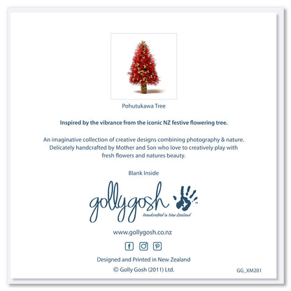 The back cover of an iconic pohutukawa Christmas tree greeting card. Delicately handcrafted from fresh blooms. This  quality square card is available at Golly Gosh Creations.