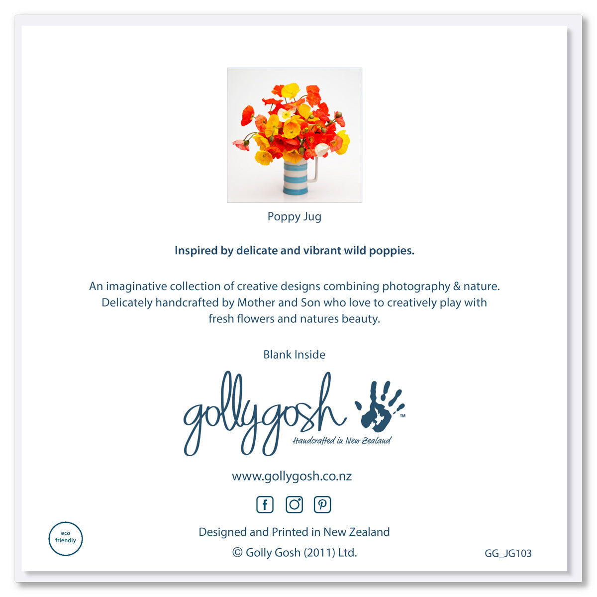 Back of a poppy jug greeting card from Golly Gosh Creations. Size 142 x 142 mm. A delightful display of vibrant wild poppies in a classic jug.