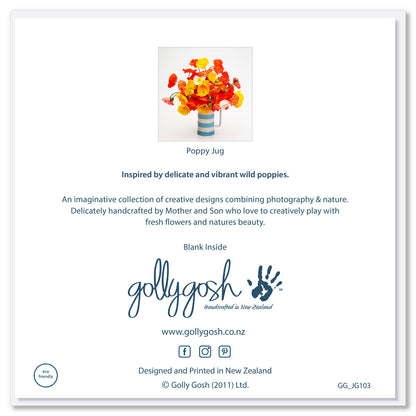 Back of a poppy jug greeting card from Golly Gosh Creations. Size 142 x 142 mm. A delightful display of vibrant wild poppies in a classic jug.