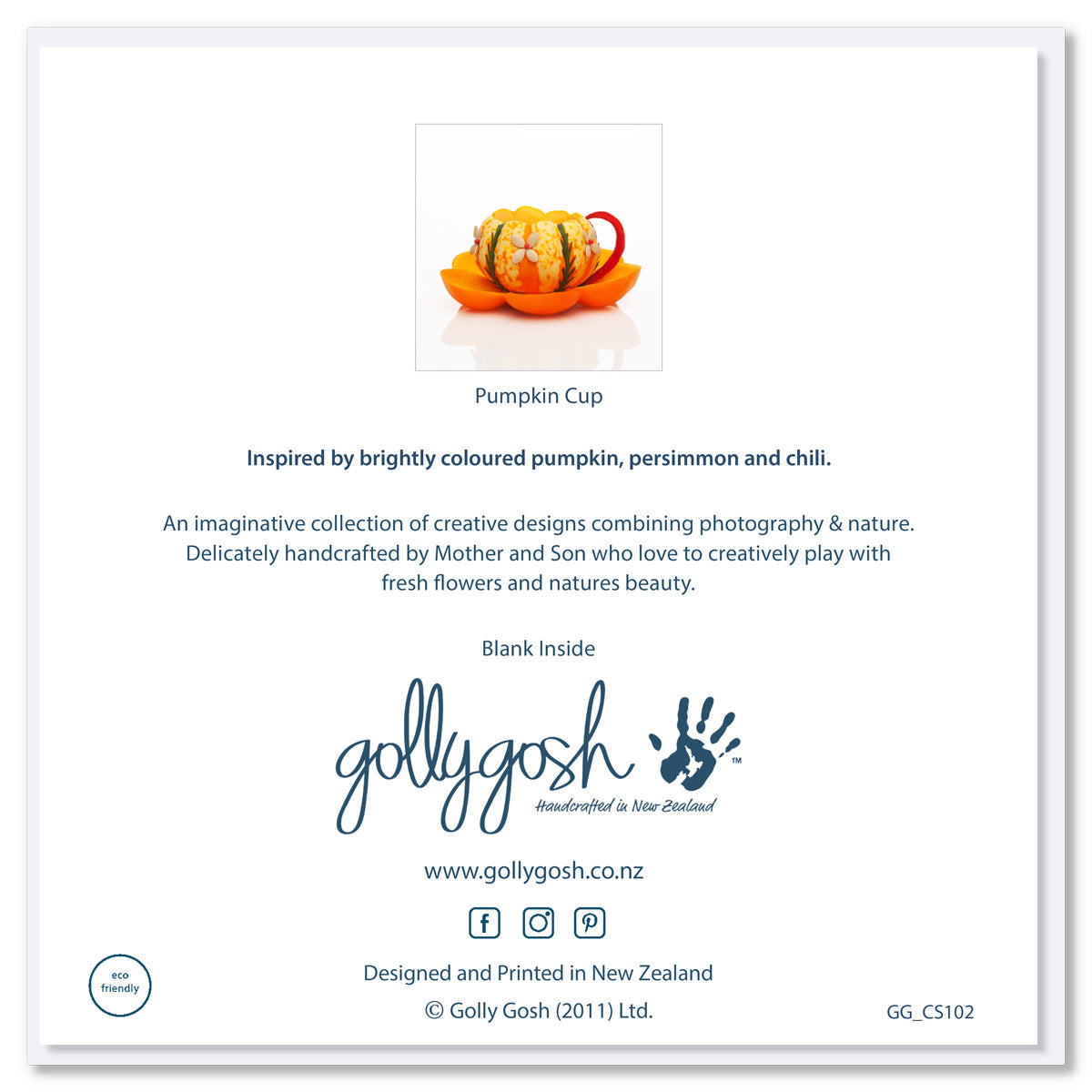Back of a pumkin cup greeting card from Golly Gosh Creations. Created from bright pumpkin, fruits and seeds with a red chilli handle. Size 142 x 142 mm.