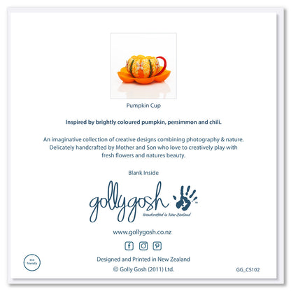 Back of a pumkin cup greeting card from Golly Gosh Creations. Created from bright pumpkin, fruits and seeds with a red chilli handle. Size 142 x 142 mm.