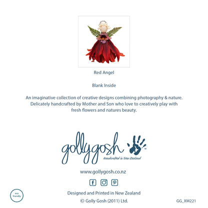 The back cover of a red angel Christmas greeting card from Golly Gosh Creations. Created from fresh flowers on a white background.