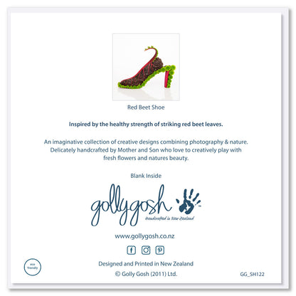 Back cover of a red beet shoe greeting card by Golly Gosh Creations. Size 142 x 142 mm. Created from stunning red beet leaves and dainty green flowers.