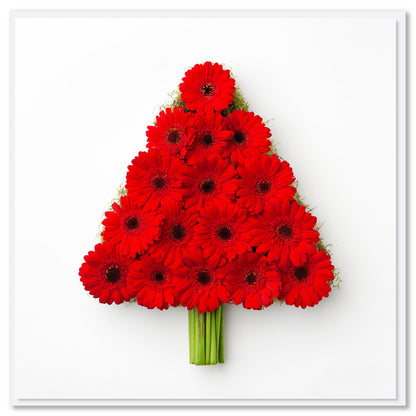 A vibrant red gerbera Christmas tree greeting card on a white background. Size 142 x 142mm.This quality card is available at Golly Gosh Creations.