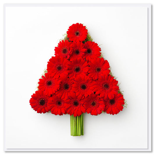 A vibrant red gerbera Christmas tree greeting card on a white background. Size 142 x 142mm.This quality card is available at Golly Gosh Creations.