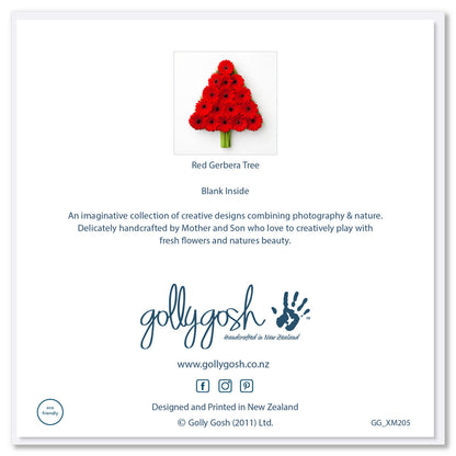 The back of a striking red gerbera Christmas tree greeting card on a white background, available at Golly Gosh Creations.Size 142 x 142mm.