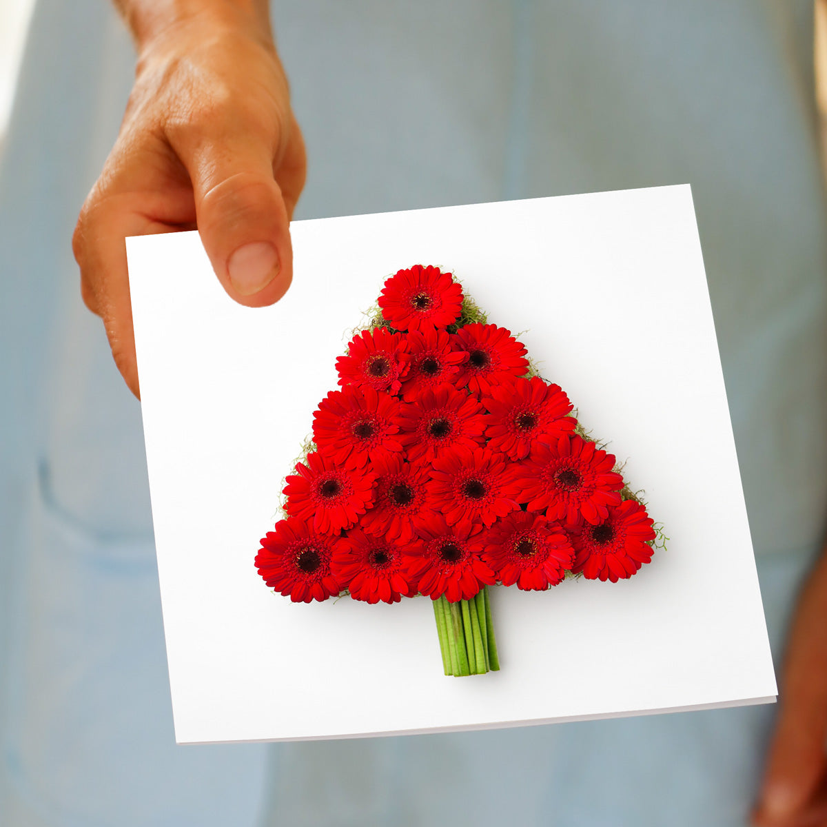 Hand holding the Christmas Gerbera Tree greeting card, showing the red gerbera design