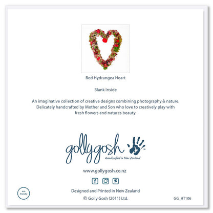 Back cover of a red hydrangea heart from Golly Gosh Creations. Size 142 x 142 mm. Created from red hydrangea petals and green foliage.