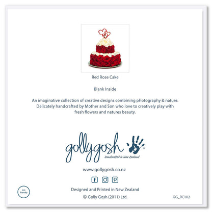 Back of a red rose cake greeting card from Golly Gosh Creations. Size 142 x 142 mm. This card is teared with luscious red roses and pure white rose petals. 