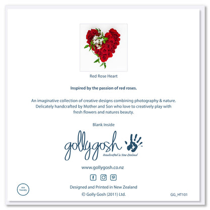 Back cover of a red rose heart greeting card by Golly Gosh Creations. Size 142 x 142 mm. Created from fresh vibrant red roses.