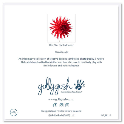 Back of a striking red star dahlia flower greeting card found at Golly Gosh Creations. Size 142 x 142 mm.