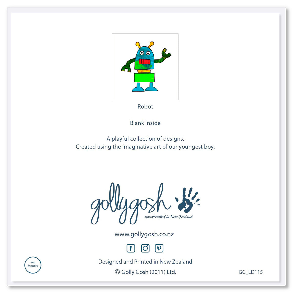 Back cover of a colourful greeting card with a kids painting of a robot on a white background. Found at Golly Gosh Creations. Size 142 x 142 mm. 