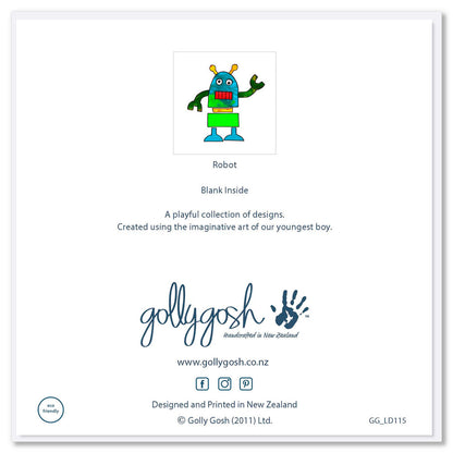 Back cover of a colourful greeting card with a kids painting of a robot on a white background. Found at Golly Gosh Creations. Size 142 x 142 mm. 
