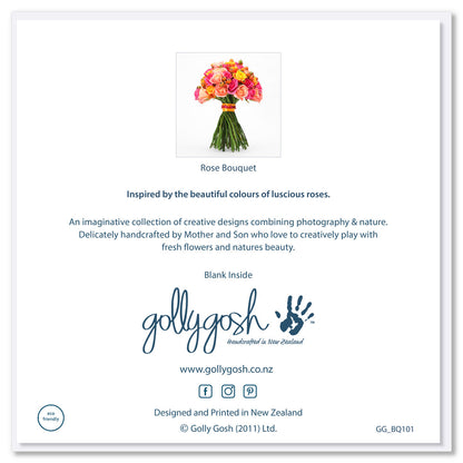 Back cover of beautiful rose bouquet greeting card from Golly Gosh Creations. Size 142 x 142 mm. An opulent greeting card created from fresh colourful roses.