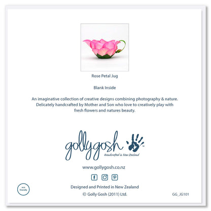 Back cover of a rose petal jug greeting card by Golly Gosh Creations.  Created from vibrant pink rose petals and a dainty rose bud. Size 142 x 142 mm.