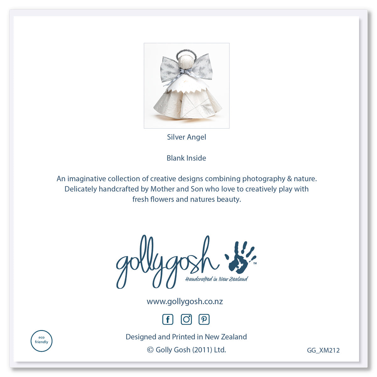 The back cover of a  silver & white angel Christmas card. This quality square card can be found at Golly Gosh Creations.