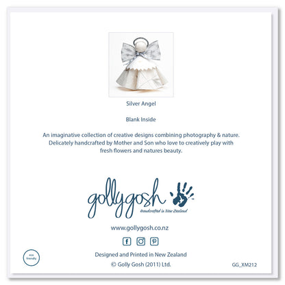 The back cover of a  silver & white angel Christmas card. This quality square card can be found at Golly Gosh Creations.
