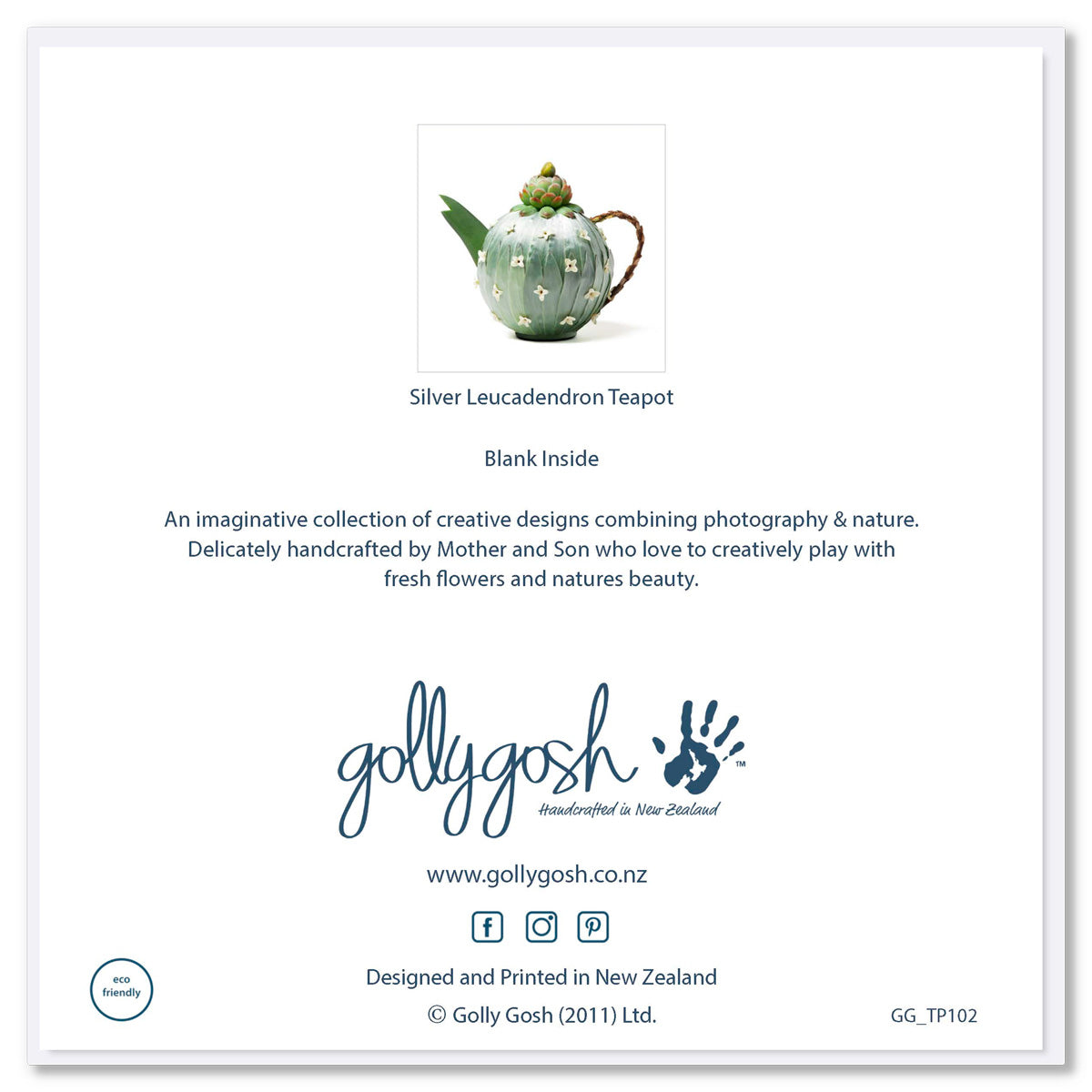Back of silver leucadendron greeting card from Golly Gosh Creations. A generous square card created from soft leucadendron leaves.