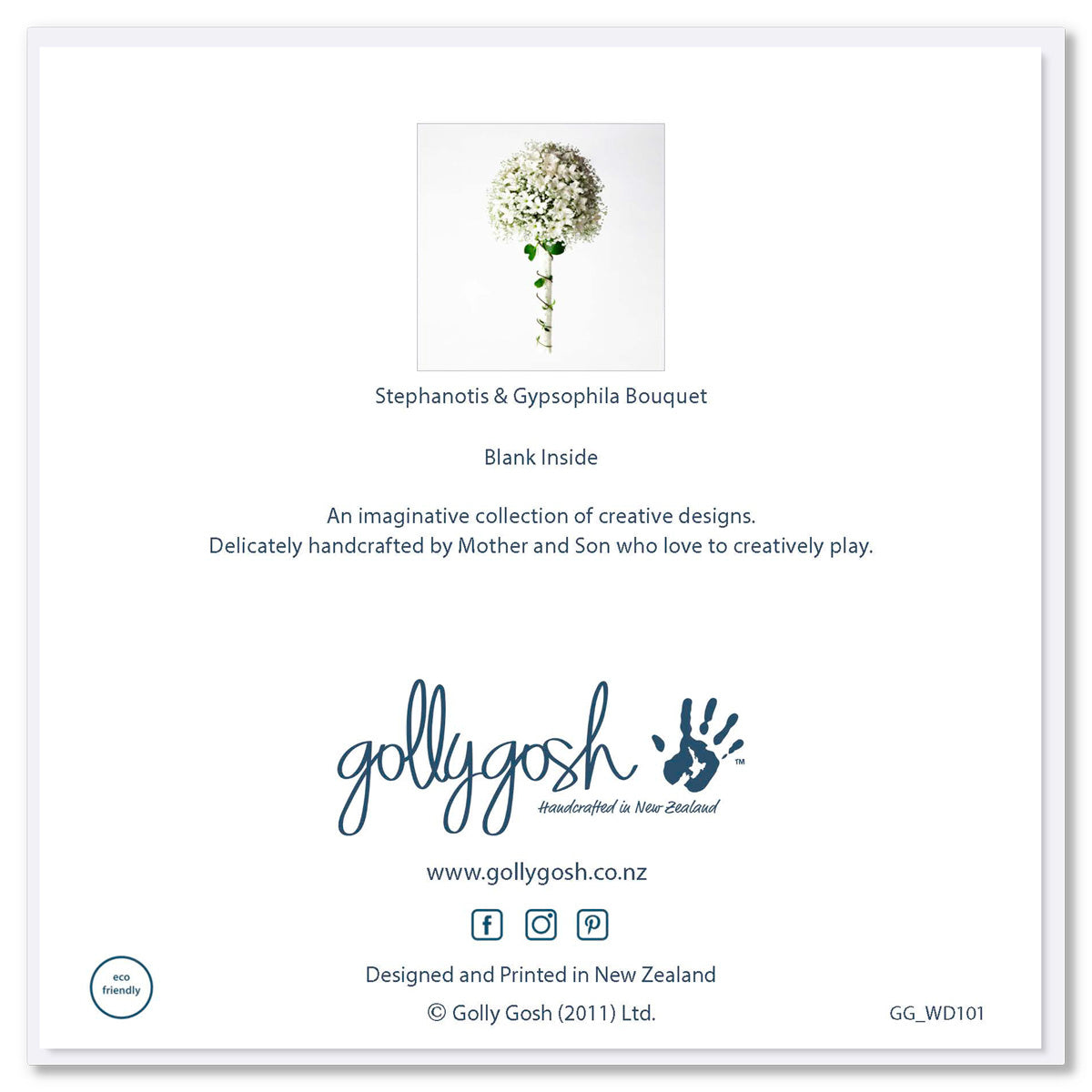 Back cover of a stephanotis and gypsophila bouquet greeiting card from Golly Gosh Creations. A sophisticated generous square card.