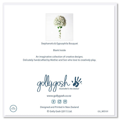 Back cover of a stephanotis and gypsophila bouquet greeiting card from Golly Gosh Creations. A sophisticated generous square card.