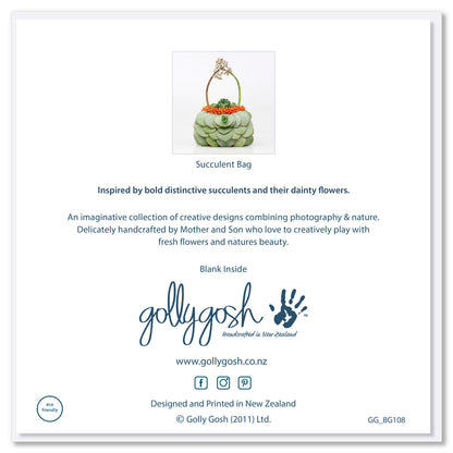 Back of a succulent bag greeting card from Golly Gosh Creations. A generous square card created from distinctive succulents and their dainty buds.