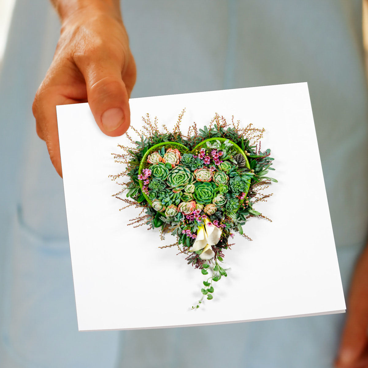 A hand held succulent heart greeting card from Golly Gosh Creations. This generous square card is created from fresh succulents and their blooms.