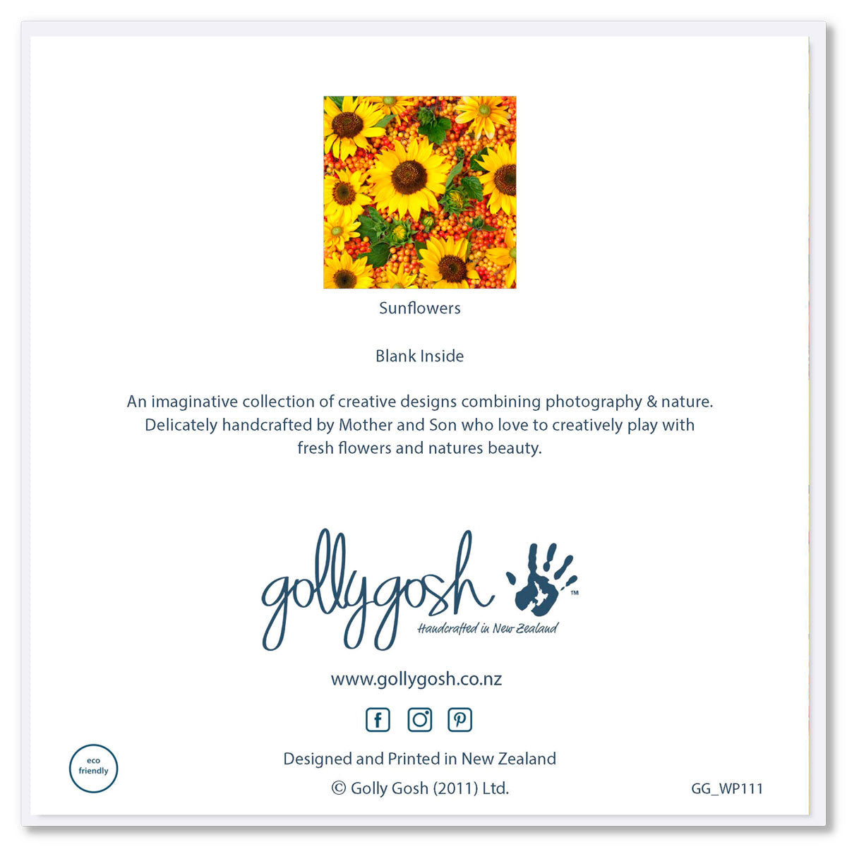 Back of a sunflowers greeting card from Golly Gosh Creations. Size 142 x 142 mm. A beautiful arrangement of vibrant sunflowers, petals and buds.