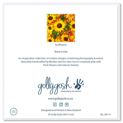 Back of a sunflowers greeting card from Golly Gosh Creations. Size 142 x 142 mm. A beautiful arrangement of vibrant sunflowers, petals and buds.