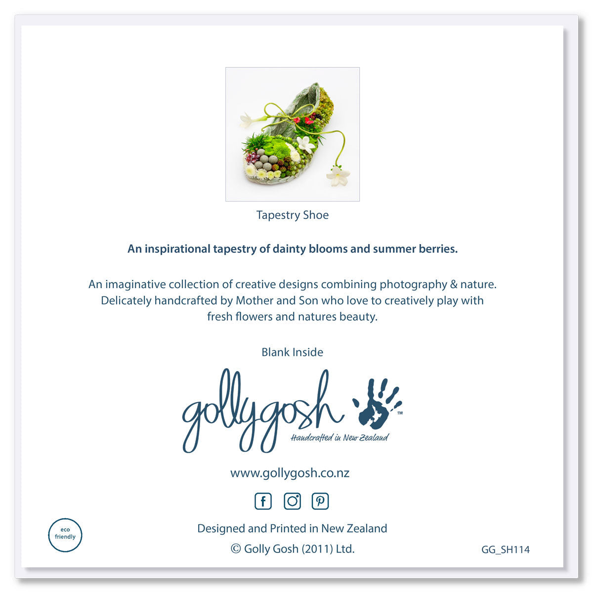 Back of a tapestry shoe greeting card from Golly Gosh Creations. A generous square card from a tapestry of delicate fresh flowers.