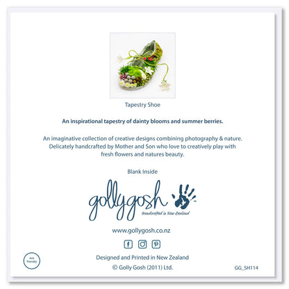 Back of a tapestry shoe greeting card from Golly Gosh Creations. A generous square card from a tapestry of delicate fresh flowers.