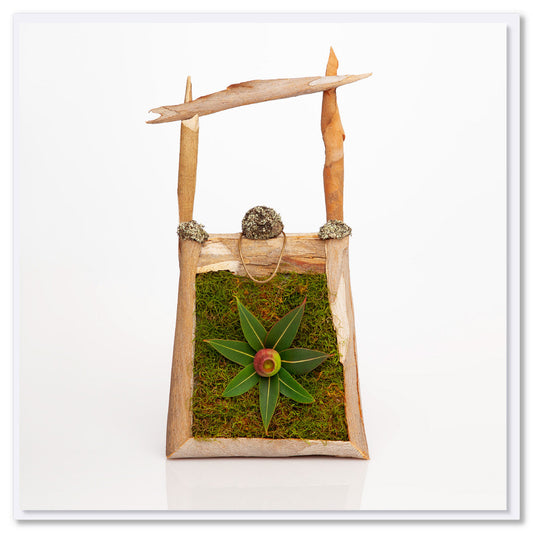 A unique eucalyptus tree bark and leaf bag greeting card from Golly Gosh Creations. Created from real foliage it sits on a white background.