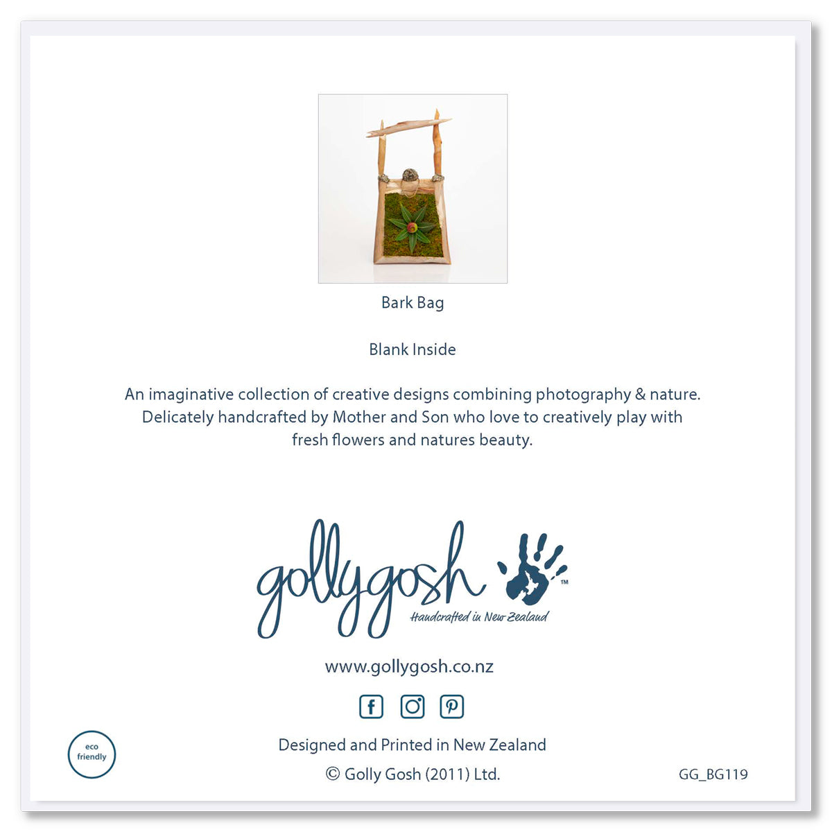 The back cover of the eucalyptus tree bark and leaf bag greeting card from Golly Gosh Creations. Created from real foliage sitting on a white background.