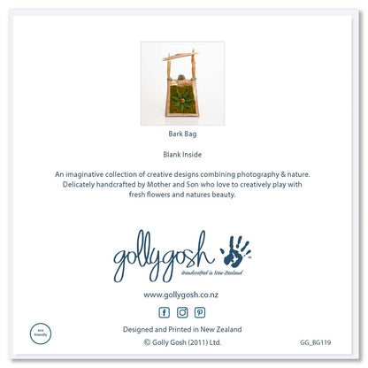 The back cover of the eucalyptus tree bark and leaf bag greeting card from Golly Gosh Creations. Created from real foliage sitting on a white background.
