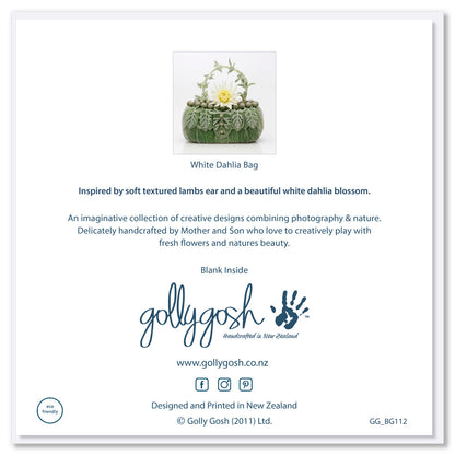 Back cover of a dahlia bag greeting card from Golly Gosh Creations. Size 142 x 142 mm. Created from a beautiful white dahlia bloom and velvety lambs ear petals. 