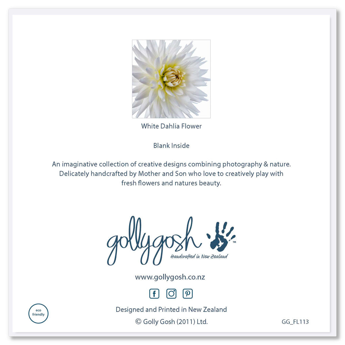 The back cover of a striking white dahlia flower greeting card from Golly Gosh Creations. A generous 142 x 142 mm card.