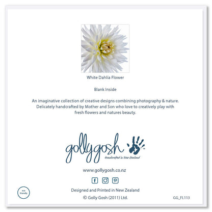 The back cover of a striking white dahlia flower greeting card from Golly Gosh Creations. A generous 142 x 142 mm card.