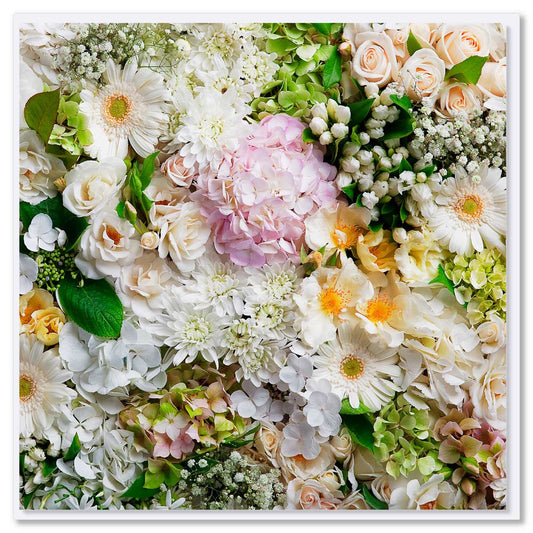 A beautiful floral arrangement of mostly white flowers but also includes soft pink and green hydrangeas and apricot coloured roses. Size 142 x 142mm. A quality greeting card found at Golly Gosh Creations.