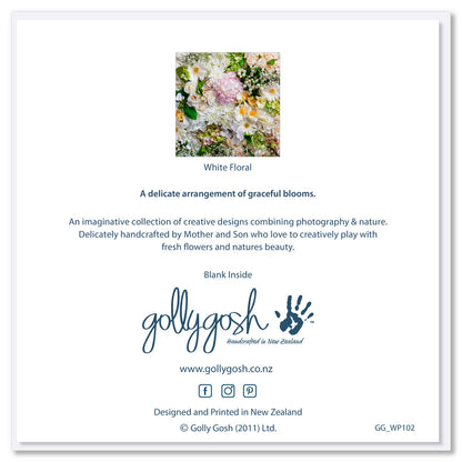 The back cover of our white floral greeting card. Created from white flowers, accompanied by soft pink and green hydrangeas and apricot coloured roses. Size 142 x 142mm. A quality greeting card found at Golly Gosh Creations.