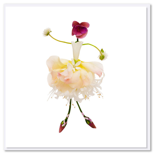 An elegant ballerina made from lilies and hydrangea petals. Standing tall on a white background. Size 142 x 142mm. A quality greeting card found at Golly Gosh Creations.